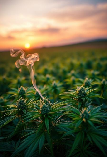 vibrant cannabis field, (lush green leaves:1.4), (sunset glow:1.2) casting warm light over the plants, (detailed textures:1.5), smoke swirling softly in the air, (cannabis buds:1.3) glistening with trichomes, peaceful and serene atmosphere, (natural light:1.4), wide field stretching into the distance, (colorful sky:1.2) with shades of pink and orange, (high-definition:1.6), (ultra-realistic textures:1.5), close-up details of cannabis plants, (soft focus in the background:1.2), modern, laid-back aesthetic, perfect for a cannabis culture feature, chill and relaxed vibe, (overexposed:-1.4), (unnatural colors:-1.5), (blurry:-1.6), (low-resolution:-1.7), (harsh lighting:-1.5), (distorted textures:-1.6)