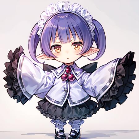 femalechim, 1girl, solo, masterpiece, best quality, pointy ears, maid headdress, purple hair, sleeves past wrists, white background, full body, chibi, simple background, blush, shoes, bow, jewelry, <lora:chimfemale1a-000014:0.8>