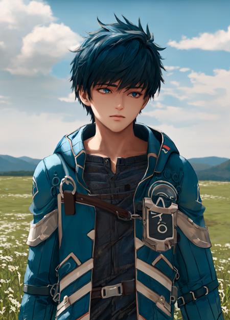 masterpiece, best quality, extremely delicate and beautiful, highres, original, <lora:FidelCamuzeV1:0.8>, FidelCamuze, 1boy, boy, male, short hair, blue hair, blue eyes, blue coat, hood, unhooded, upper body, grassland