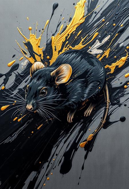 A hyper-stylistic, extremely detailed image depicts a breathtaking painting, crafted from a combination of smeared black and gold metallic paint. A mouse is captured in a streaked motion, as if it is moving rapidly in one direction. The black paint is applied in bold, dynamic strokes, creating a sense of energy and movement that is contrasted beautifully by the golden accents. The gold paint is used to highlight the mouses features, adding a sense of depth and dimensionality to the image. The overall effect is one of breathtaking, surreal dynamism, as if the viewer has captured a fleeting moment in time. Every detail of the image is meticulously crafted, from the delicate, swirling patterns of the gold paint to the intricate, textured patterns of the black paint. The contrasts between light and dark, color and texture, create a sense of tension and energy that draws the viewer in, inviting them to explore the kinetic world of the painting. highest-Quality, intricate details, visually stunning, Masterpiece