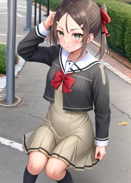 ((Street in the middle of a modern city,detailed background,beautiful background)),<lora:Miyoshi_Karin-10:1>,Miyoshi_Karin, 1girl, solo,brown hair, hair ornament, long sleeves,dress, bow, ribbon, twintails, school uniform, hair ribbon, hair bow, shoes, socks, hairclip, bowtie, black footwear, red bow, grey eyes, kneehighs, loafers, sailor dress, pleated dress, grey dress,white socks,upper body