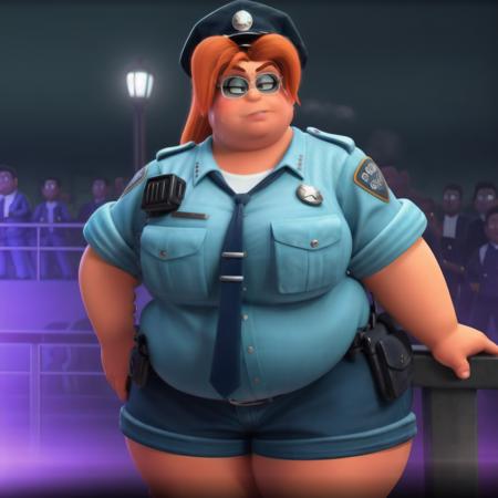 <lora:Chief Misty Luggins:0.75> anatomically correct, masterpiece, best high quality, ultra details, realistic, RAW Photo, perfect anatomy, 4k, 8k,  quality lighting, detailed hands, detailed eyes, Misty Luggins, obese, woman, police uniform, short pants, black shoes, ginger hair in a loose ponytail, sunglasses, massive thighs, massive hips, massive boobs, low angle view, (sweat:1.3) <lora:BGV5EX:1>  <lora:add_detail:1>