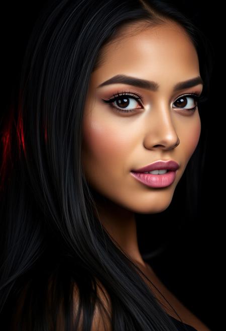 A highly detailed studio glamour headshot portrait of a gorgeous female American Indian model with long black hair, beautiful dark eyes, tan skin, and full lips against a black background. Clam shell lighting with a red hair light.