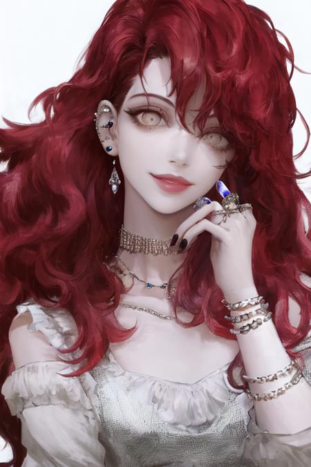 pilyeon, solo, 1girl, black nails, jewelry, Long hair, looking at viewer, choker, necklace,piercing, white background, heart, closed mouth, grey eyes, nail polish, simple background, red hair, ear piercing, black choker, smile, eyelashes, lips, hand on own cheek, bangs, bracelet, beads, gem, earrings, fingernails