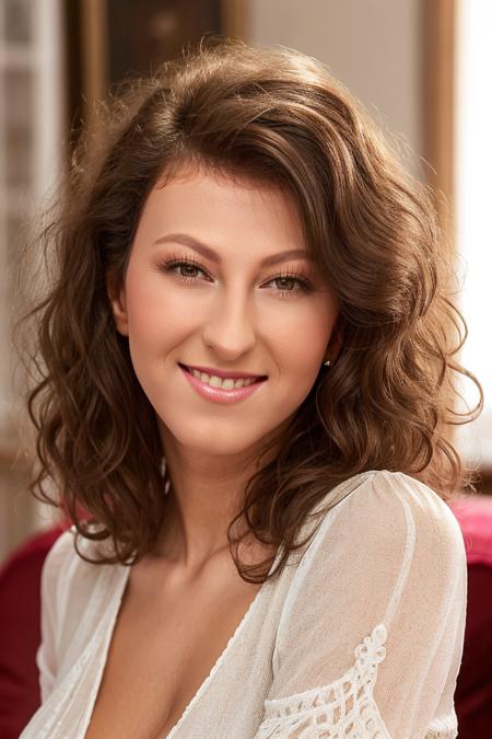 <lora:EmyliaArgan_v2:1> emyliaargan, long brown hair, curly hair, smile, teeth, makeup, blouse, portrait, soft light, highly-detailed, ultra-realistic,