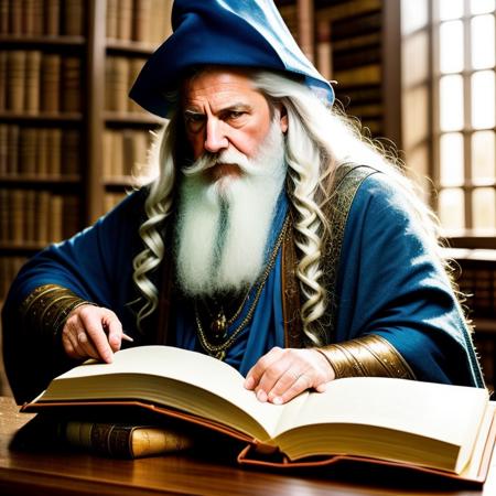 award winning waist up photo of a rugged fantasy wizard, 8K, wizard hat, wearing torn wizard robes, old and wrinkled, long white hair and beard, blue eyes, library, books in foreground, large window in background, fantasy, wonder, amazing, magical tools on table in background, bright wizard office or study, shiny skin, backlighting, bloom, light sparkles, sharp focus