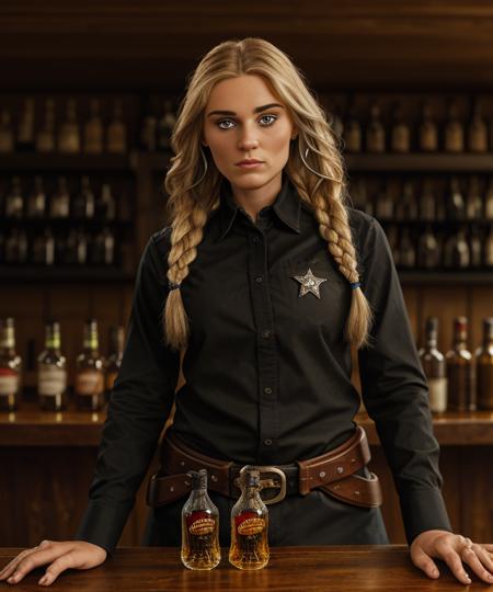 <lora:m3gd0n_04SD-000005:1.1>,(medium shot:0.8) photograph of (beautiful 22 year old) (m3gd0n:1.2) woman with blonde hair,as an old west sheriff,wearing cowboy garb, black boots, spurs, black stetson, black clothes, braids,silver sheriff badge, standing with an 1800s old west tavern, (whiskey bottles and beer mugs sit on bar counter),with poker cards on table, in background horses and town visible through windows,face focus,(depth of field),facing viewer,photorealistic,rich details,clear shadows and highlights,realistic,intense,highly detailed,