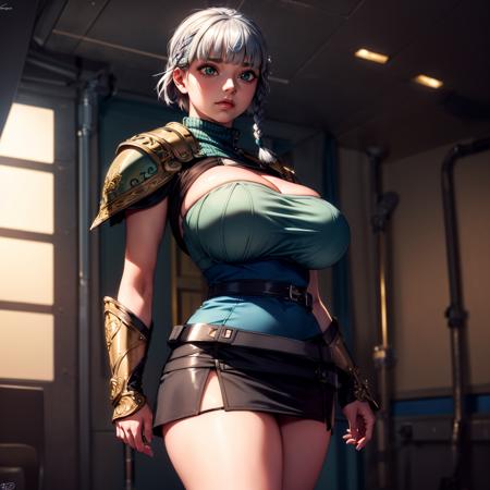 8k, 4k, intricate details, cinematic lighting, stunning environment, ornate, (realistic:1.1), detailed face, detailed eyes, detailed shadows, 1girl, solo, curvy, large breasts, cleavage, jacket, mini skirt, black skirt, green jacket, blue waist clothes, (shoulder armor:1.1), gray hair, short hair, twin braids, turtleneck clothes, <lora:CHA_SeollaSchweizer:1>,  <lora:1_ADD_Detail:1>