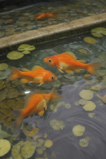 Show me a picture of calico Ranchu gold fish in a pond with a blond middle aged woman in a bikini, Rachu goldfish swimming, accurate depiction of Ranchu goldfish,