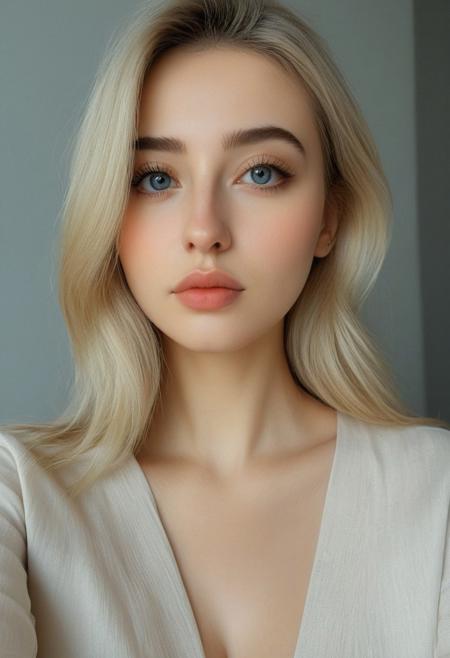 (((selfie))),detailed face, 20 yo, beautiful face, sensual look, big eyes, looking away , long blonde hair,  large breasts, portrait, breasts focus, sexy pose, ((( Blonde, erotic, sensual, perfect perky breasts, Create a portrait of upper body of a beautiful woman with a serene expression. She has large, almond-shaped eyes that are a deep, mesmerizing blue, framed by long, dark eyelashes. Perfect eyes, highly detailed beautiful expressive eyes, detailed eyes. Her eyebrows are perfectly arched and delicate, adding grace to her gaze. Her skin is flawless, with a soft, natural glow, Her lips are full and slightly parted, revealing a hint of a gentle smile, with a natural rosy hue. Her nose is small and perfectly proportioned to her face. The overall mood is one of calm and introspective beauty. The art style should be hyper-realistic, capturing every minute detail, with a soft, diffused lighting that highlights the texture of her skin and the depth of her expression, reminiscent of classical portrait paintings but with a modern, cyberpunk twist. Studio lighting. 35mm photograph, film, photorealistic)))