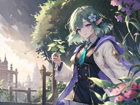 masterpiece,best quality,highres,cinematic lighting,dramatic angle,1girl,green hair,pointy ears,purple eyes,hair flower,hair ornament,necktie,medal,white jacket,black dress,white pantyhose,<lora:ShadowverseCastelle_VerdiliaV2-000013:0.8:lbw=1,0.1,0.2,1,1,0.4,0.1,0.8,0.8,1,1,1,1,1,1,1,1>,suqatting,gardening,grass,happy,garden,sunshine,waterdrops on plants,