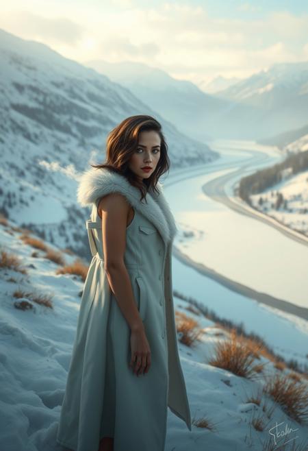 A tranquil winter valley blanketed in pristine snow stretches beneath a soft, diffused sky. The winding river is partially frozen, its ice reflecting distant mountain peaks. On a snowy hill, a woman stands confidently, wearing a long white fur-lined coat that blends seamlessly with the landscape. Her dark hair contrasts strikingly with the snow, and her breath forms delicate clouds in the cold air. Soft lighting sculpts her figure, emphasizing strength and serenity. The scene is rendered with realistic textures of snow, ice, and grass, evoking a cinematic atmosphere inspired by Roger Deakins. Nearby, a digital painting captures a young woman with dark brown hair and bold blonde highlights, wearing a black tank top and bright red lipstick. Dramatic side lighting creates deep shadows and highlights, focusing on her intense, mysterious gaze against a blurred dark background.