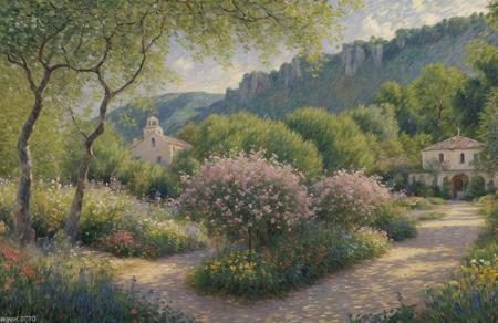 (impressionism:1.1), a painting,scenery,scene painting, hacienda ,arboretum ,boscage ,garden ,coppice , Cliff/Bluff ,