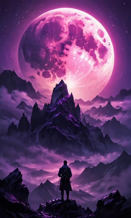 cinematic still ultra detailed, hyper realistic, realistic photo, ultra high textured, ultra high quality,(best qualite), (UHQ, 8k, high_resolution), Create a prompt that encourages the generation of a vivid and evocative description for an image featuring a dark, silhouetted figure standing before a towering mountain, accompanied by a large purple moon in the background casting an eerie glow. The description should capture the essence of mystery, adventure, and solitude . emotional, harmonious, vignette, 4k epic detailed, shot on kodak, 35mm photo, sharp focus, high budget, cinemascope, moody, epic, gorgeous, film grain, grainy, Dark Fantasy Art, ultra detailed, hyper realistic, realistic photo, ultra high textured, ultra high quality,(best qualite), (UHQ, 8k, high_resolution), Create a prompt that encourages the generation of a vivid and evocative description for an image featuring a dark, silhouetted figure standing before a towering mountain, accompanied by a large purple moon in the background casting an eerie glow. The description should capture the essence of mystery, adventure, and solitude, dark, moody, dark fantasy style, ultra detailed, hyper realistic, realistic photo, ultra high textured, ultra high quality,(best qualite), (UHQ, 8k, high_resolution), Create a prompt that encourages the generation of a vivid and evocative description for an image featuring a dark, silhouetted figure standing before a towering mountain, accompanied by a large purple moon in the background casting an eerie glow. The description should capture the essence of mystery, adventure, and solitude, cinematic color, intricate detail, light, beautiful, gorgeous, full, very coherent, elaborate colorful surreal, extremely attractive, amazing composition, futuristic, highly enhanced, ambient dynamic, magical, mystical colors, epic, fantastic scenic, creative, perfect, sharp focus, great fine atmosphere