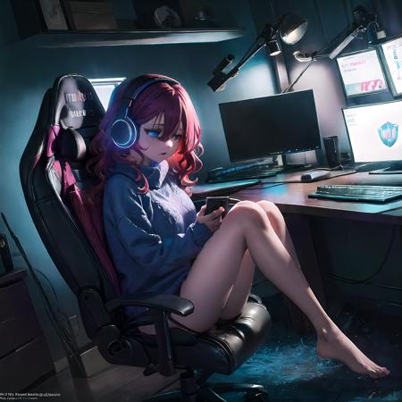 gaming-room, gaming chair monitor, computer, playing games, headphones, on chair game controller, holding game controller headphones from side from behind
