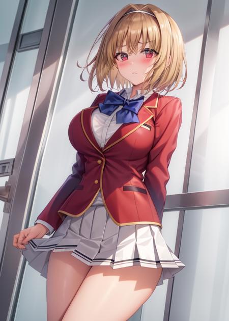 <lora:Kushida_Kikyou-10:0.7>,1girl, solo, red eyes,blush,short hair, blonde hair, large breasts, long sleeves, bow,school uniform, jacket, white shirt,pleated skirt, hairband, collared shirt,miniskirt, bowtie, black bow, buttons, blue bow, hair intakes, blazer, white skirt, red jacket, white hairband,hair intakes,