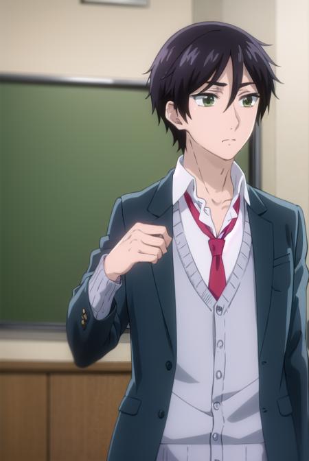 kaitamaru, <lora:kai tamaru s1-lora-nochekaiser:1>,
kai tamaru, short hair, black hair, male focus, mole, (green eyes:1.3), mole under mouth, hair between eyes,
BREAK shirt, long sleeves, school uniform, jacket, white shirt, open clothes, necktie, pants, open jacket, blazer, cardigan, red necktie, sweater vest, brown pants,
BREAK indoors, classroom,
BREAK looking at viewer, (cowboy shot:1.5),
BREAK <lyco:GoodHands-beta2:1>, (masterpiece:1.2), best quality, high resolution, unity 8k wallpaper, (illustration:0.8), (beautiful detailed eyes:1.6), extremely detailed face, perfect lighting, extremely detailed CG, (perfect hands, perfect anatomy),