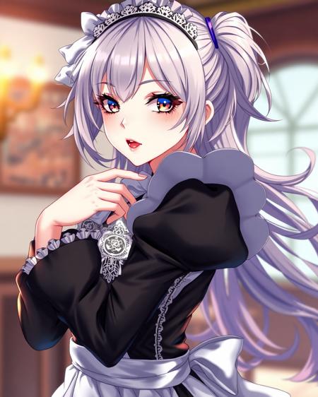 Highly detailed, anime-style girl, beautiful face, smooth porcelain skin, vivid lipstick, perfect makeup, alluring expression, sexy pose, wearing a classic maid outfit with intricate lace details, black and white contrast, elegant and stylish design, soft lighting, background blurred to enhance focus on the character, highly detailed fabric textures, dynamic and flowing hair, vibrant colors
