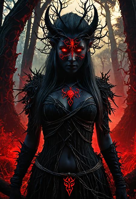 Dryad, bound by cursed thorny vines, black magic energy, glowing red sigils, bark skin cracked open, eyes glowing with rage, surrounded by decaying flora, forest twilight, red mist in background, dark ritual ambiance, cinematic lighting, dramatic shadows, high detail, fantasy horror, mystical tension, masterpiece