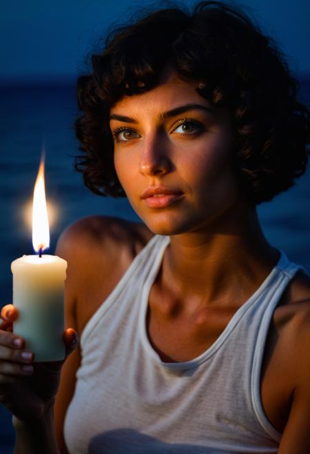 The super-model-beautiful tanned skin ((Greek woman)) ((Black hair))  age 22, hyper realistic, clear focus, photo-real, hyper-realistic:1.5, 8k, amazing details, striking eyes, perfect face, sharp focus, photo-real, (curling short hair:1.5), SFW, serene, calm, (beautiful face), wearing a white linen dress, (dark room in background), dark nighttime, holding a candle is only light source, ((spotlight, dark theme, silhouette)), ((dramatic shadows and subtle highlights)), warm tones, soft focus, atmospheric lens,