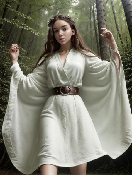 (8k, best quality, masterpiece),(best quality), (ultra highres), action pose, a beautiful woman <lora:AnnaelliV4:1.0> , detailed iris, chestnut hair, full body portrait, wearing white robes with leather belt, star wars, forest endor background, modelshoot style, intricate, elegant, skin details, realism, (hyperrealism), (cinematic), (hyperdetailed), hdr