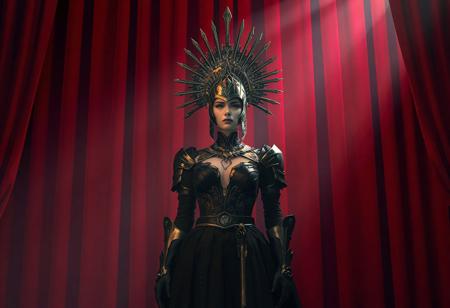 "voluptuous  Queen's Knight, standing tall and proud, wearing a dramatic spiked headdress and a black dress adorned with gold accents, positioned in front of a vibrant red curtain. The scene is set against a World Legacy in Shadow background  emphasizing the Queen's Knight as the focal point.keyhole-suit, The image captures a moment of stillness, with the Queen's Knight as a silent observer. Rendered in 4K quality with stunning details, lifelike features, and captivating lighting. The artistic style incorporates elements of Grammar Effect, Unreal Engine 5, and various digital illustration techniques, creating a cohesive and visually striking composition. The colors are harmonious, with a multi-colored palette that enhances the contemporary aesthetics of the scene. The background is attractively composed, with balanced editing and intentional focus, ensuring the Queen's Knight remains the central figure. The overall image is a masterpiece of digital art, perfect for trending on platforms like Artstation and CGSociety."