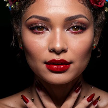 <lora:FranciellePimenta:0.8> francielle, a woman with a flower crown on her head and a red lip and nails on her face,  (closeup photo), (perfect face), bokeh, 135mm, 8k, super detail, ccurate, best quality