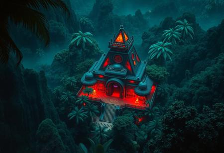 A nightclub in the middle of the jungle, view from above, in the style of an oil painting, scifi, cosmic, astral, ziggurat
