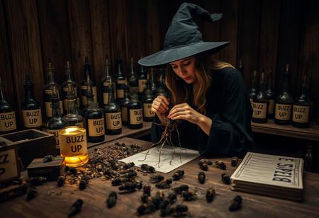 a woman is disassembling insect limbs, wearing witch cap and black long dress, focused on her work, in a wooden room full of potion bottle labelled ("BUZZ UP"), the potion glows, on the table there are papers saying ("BUZZ  Receipt"), dead bees scattered on the table, cinematic lighting, dark contrast, old and rusty environment