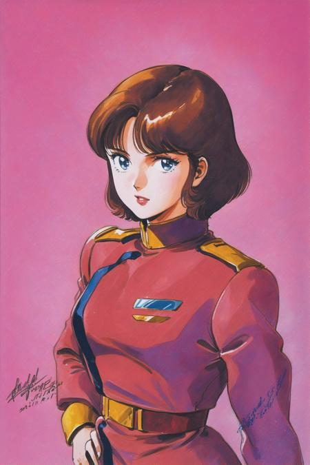 1girl, solo, brown hair, uniform, blue eyes, traditional media, military, military uniform,  dated, short hair, retro artstyle, 1980s (style), watercolor \(medium\),<lora:Hiroyuki Kitazume _XL:0.8>