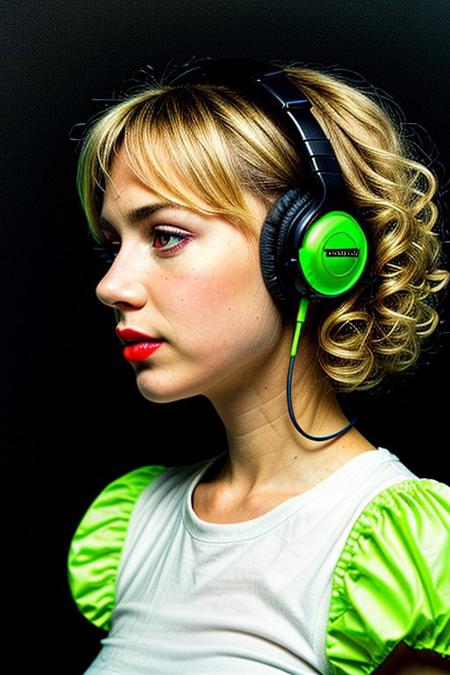 masterpiece, best quality, oil painting \(medium\), real, solo, 1girl, blonde hair, headphones, hair curls, black background, sound waves, green neon, white dress, musical note, red lipstick, medium hair, ringlets, green theme, hand on headphones, frills, puffy sleeves, short sleeves, red neon background, face close up, side view,