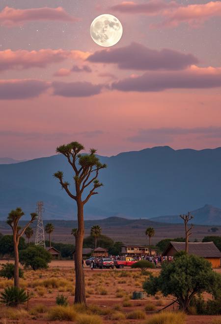 acacia trees, tall wooden village buildings, mountains in far distance, bustling village, savannah wilds, arid prairie, detailed scenery, fullmoon, night, clouds, starry sky, milky way, 
best quality, sharp focus, high contrast, colorful, ultra quality, 8k, best quality,