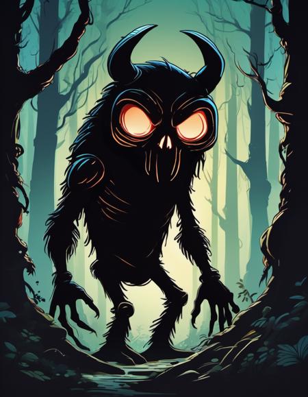 breathtaking vector cartoon illustration of  mysterious gangly shadow creature lurking in a dark forest, glowing eyes and long fingers : no facial features holding a mask <lora:Vector cartoon illustration-000008:1>