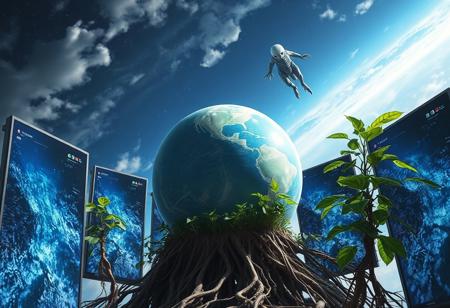A planet  surrounded by large screens, held up by plants roots.  a sky with  a alien creature in space.