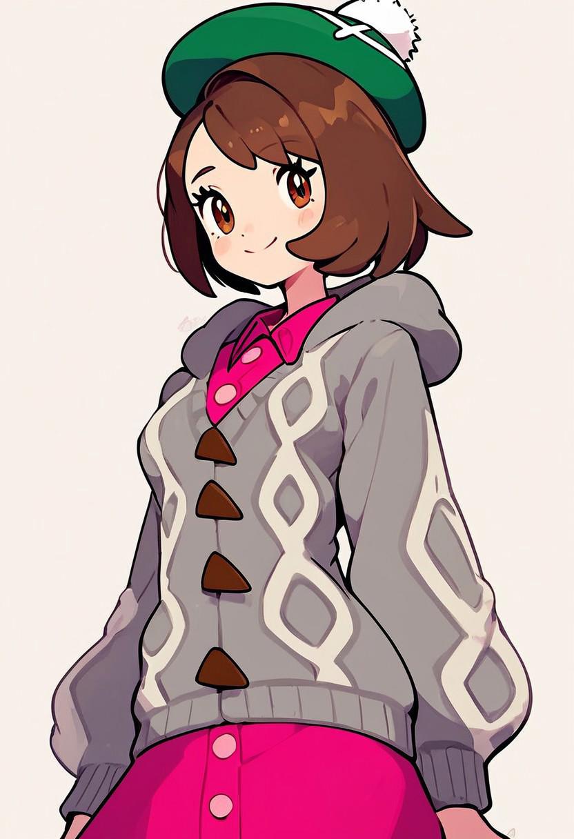 score_9, score_8_up, score_8, medium breasts, (curvy), cute, eyelashes,       
,,,
Gloria (pokemon), brown hair, brown eyes, green hat, grey cardigan, hooded cardigan, cable knit, pink dress, green socks, long sleeves, collared dress,
,,,
smile, looking at viewer, cowboy shot,  
zPDXL, Expressiveh,