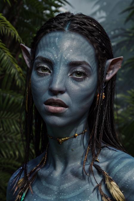 (masterpiece, best quality, high quality), RAW photo, (good body, good proportion, good anatomy, good fingers, good hands), detailed skin, detailed face, <lyco:GoodHands-beta2:1> blue skin:1.2, pointy ears, Neytiri, avatar \(movie\), bracelet, yellow eyes:1.4, jewelry, portrait, forest, jungle, clouds, fog, floating island, (covered nipples, loincloth), depth of field <lora:Neytiri:0.6> <lora:lora_billie_v1_from_v1_160:0.8> photo of (sks woman:1), Billie Eilish