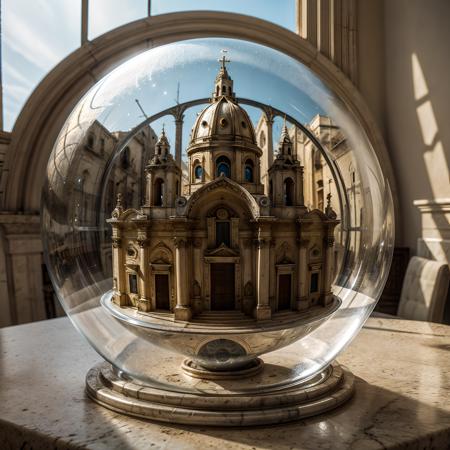 Cathedral of Matera inside a glass bubble. Bubble is placed on marble windowsill. Extremely detailed, 8K, apocalyptic punk style, miniatures, macro photography in close-up.