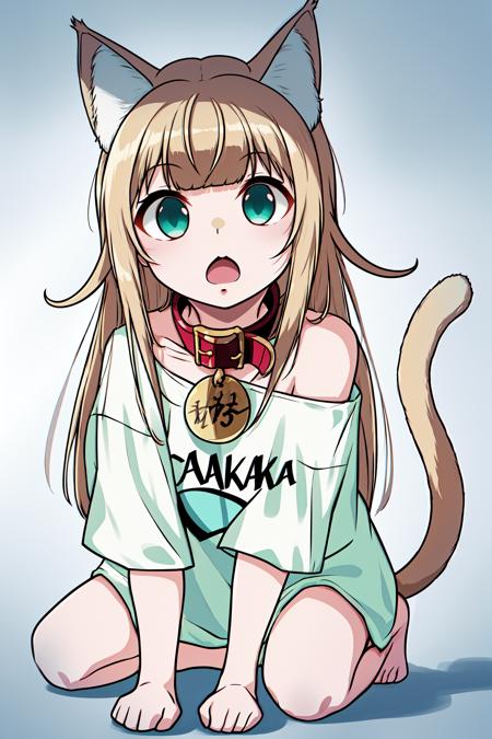 kinako,  1girl, animal_collar, animal_ear_fluff, animal_ears, aqua_eyes, bangs, barefoot, bell, blonde_hair, blunt_bangs, cat_ears, cat_girl, cat_tail, collar, full_body, long_hair, off_shoulder,  red_collar, shirt, simple_background, solo, t-shirt, tail, white_background, white_shirt <lora:kinako_v1:1>