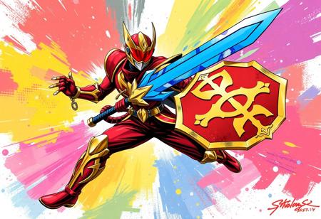 A powerful, dynamic action pose of the Noble Knight's Spearholder from the popular Japanese anime "Kamen Rider", depicted in a vibrant splash ink illustration style. The Spearholder, in their iconic red and gold outfit, gold helmet with red visor, and a prominent gold emblem, is mid-stride, brandishing a striking blue and gold sword in their right hand and a matching shield in their left. The image is explosive with motion, featuring sharp lines and expressive brush strokes. Grammer Effect Style elements create energetic trails and impactful visual effects around the sword and shield. The background is an abstract, multi-colored burst of complementary hues, suggesting a powerful, well-timed moment of confrontation. Vivid emotions radiate from the pose, embodying a joyful impact and powerful message. High quality, super detailed clothes and weaponry, impeccable composition, CGSociety quality, trending on Artstation.