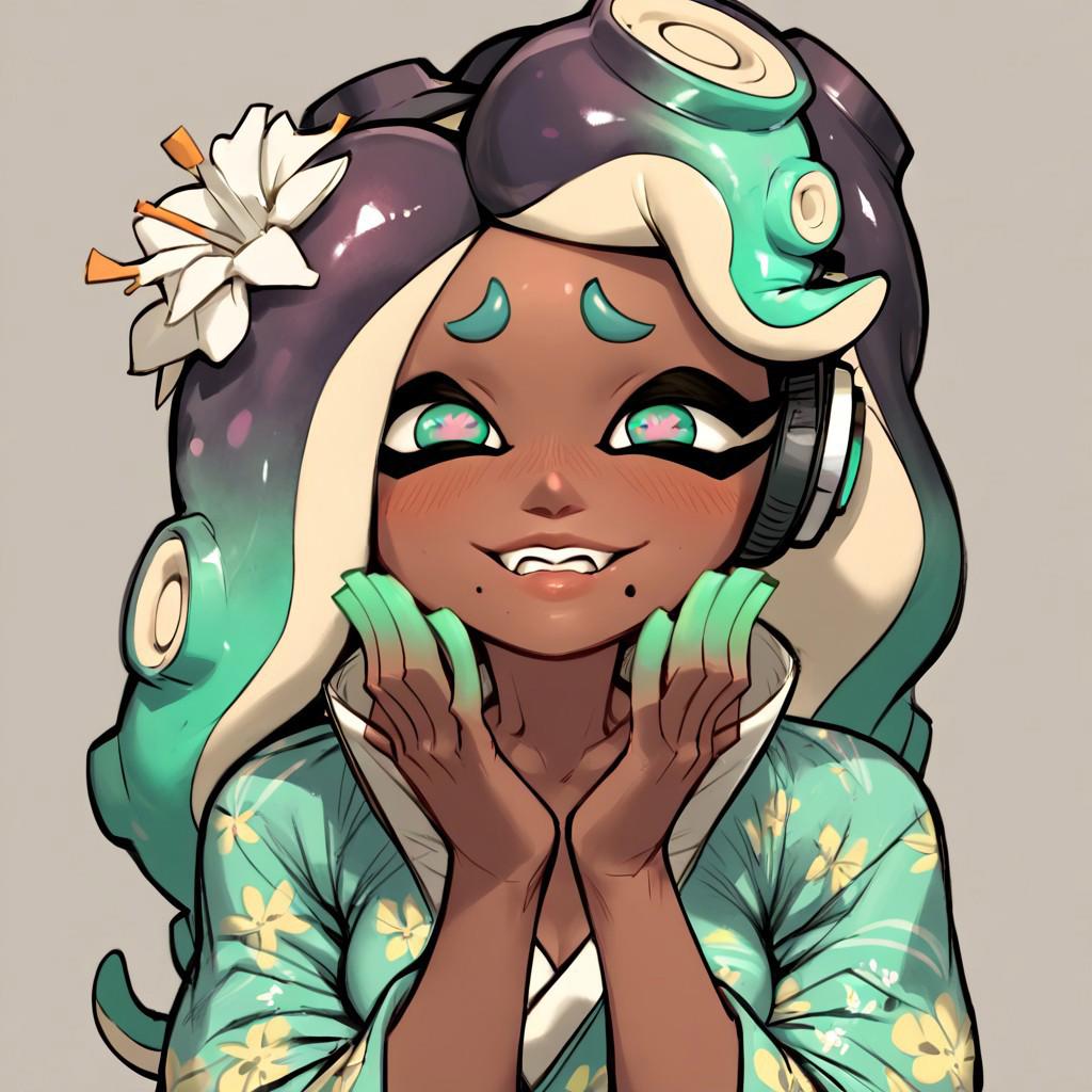 female , solo , cute , attractive , inkling (splatoon) , Marina Ida (splatoon) , dark skin , glossy skin , wide hip , front view , green finger nail , flower kimono , 
(  background) ,
zPDXL3 , score_9 , score_8 , score_7 , score_6_up , highly detailed , high quality , high res , skindentation ,