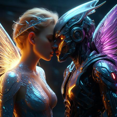 brutal biomechanical man kissing a beautiful female angel, magical, sci-fi, beautiful, unimaginable, 
very dramatic, naturalistic, photorealistic, highly detailed digital art, science vs fantasy, 
accurate intricate and realistic anatomy, 
soft lighting, Cinematic, Color Grading, Editorial Photography, volumetric lighting, atmospheric, Photography, 
Photoshoot, insanely detailed and intricate, hypermaximalist, elegant, hyper realistic, volumetric lighting, 
ray tracing, unreal engine, 3d, octane render, cinematic HD, 32k, 3D Megapixel, Pro Photo RGB, VR, Half Backlight, Backlight, Natural Light, Incandescent, Moody Lighting, 
Cinematic Lighting, Soft Lighting, Surround, Beautiful Lighting, Accent Lighting, Global Illumination, Global 
Ray tracing lighting, Scattering, Glow, Shadows, Rough, Flicker, Ray tracing reflections, Lumen reflections, 
Screen space reflections, Diffractive gradation, Chromatic aberration, GB Displacement, Scan Lines, Anti-Aliasing,
 FKAA, TXAA, RTX, SSAO, Shaders , OpenGL-Shaders, GLSL-Shaders, Post Processing, Post-Production, Cell Shading, 
Tone Mapping, CGI, VFX, SFX, insane ly d detailed and intricate, hyper-maximal, hyper-realistic, super-detailed, 
photography, hyper-realistic, 3D, photo-realistic, ultra-photo-realistic, ultra-detailed, intricate details, 8K, 
super-detailed, full color, ambient shading, volumetric lighting, high contrast, HDR, 3D