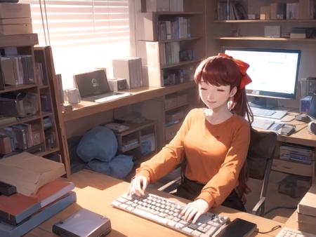 masterpiece, best quality, 1girl, solo, dskasumi, red hair, long hair, ponytail, red eyes, hair bow, Dark Orange tunic, Light Blue thighhighs, looking at viewer, closed eyes smile, room full of computers and laptops, computer, laptops, electronic, keyboard, mice, mouse, indoors
 <lyco:dskasumi-v2_lc_768:1>