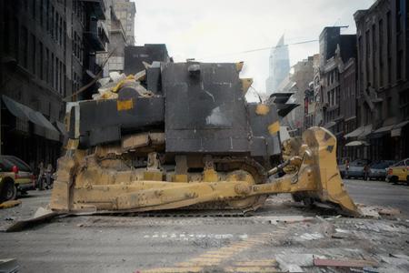 analog gloomy photo of a bulldozer with yellow blade,  <lora:k1lld0z3r:1.0>, ((crowded)) new york city fifth avenue (at night), horror movie, people panic, (nighttime), (midnight), High Detail, Sharp focus, (photorealism), realistic, best quality, 8k, award winning, dramatic lighting, epic, cinematic, masterpiece, rim light, ambient fog:1.3, smoke:0.3, dutch angle, depth of field, wide angle lens, low angle shot,