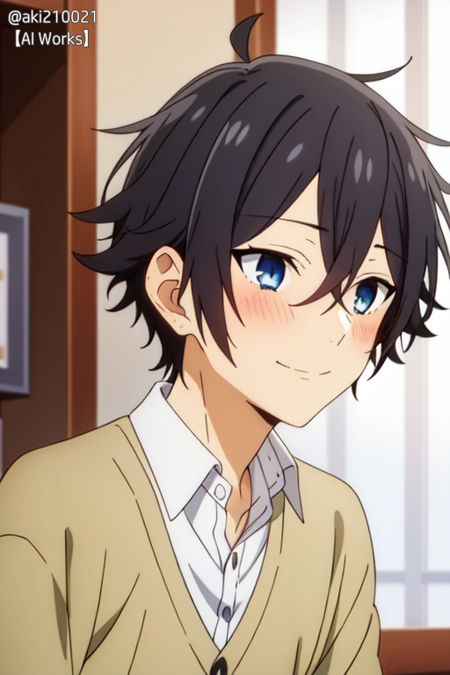 1boy, miyamura, black hair, blue eyes, bangs, hair between eyes, short hair,(style:anime screecrap:1,2),upper body,smile,blush face,