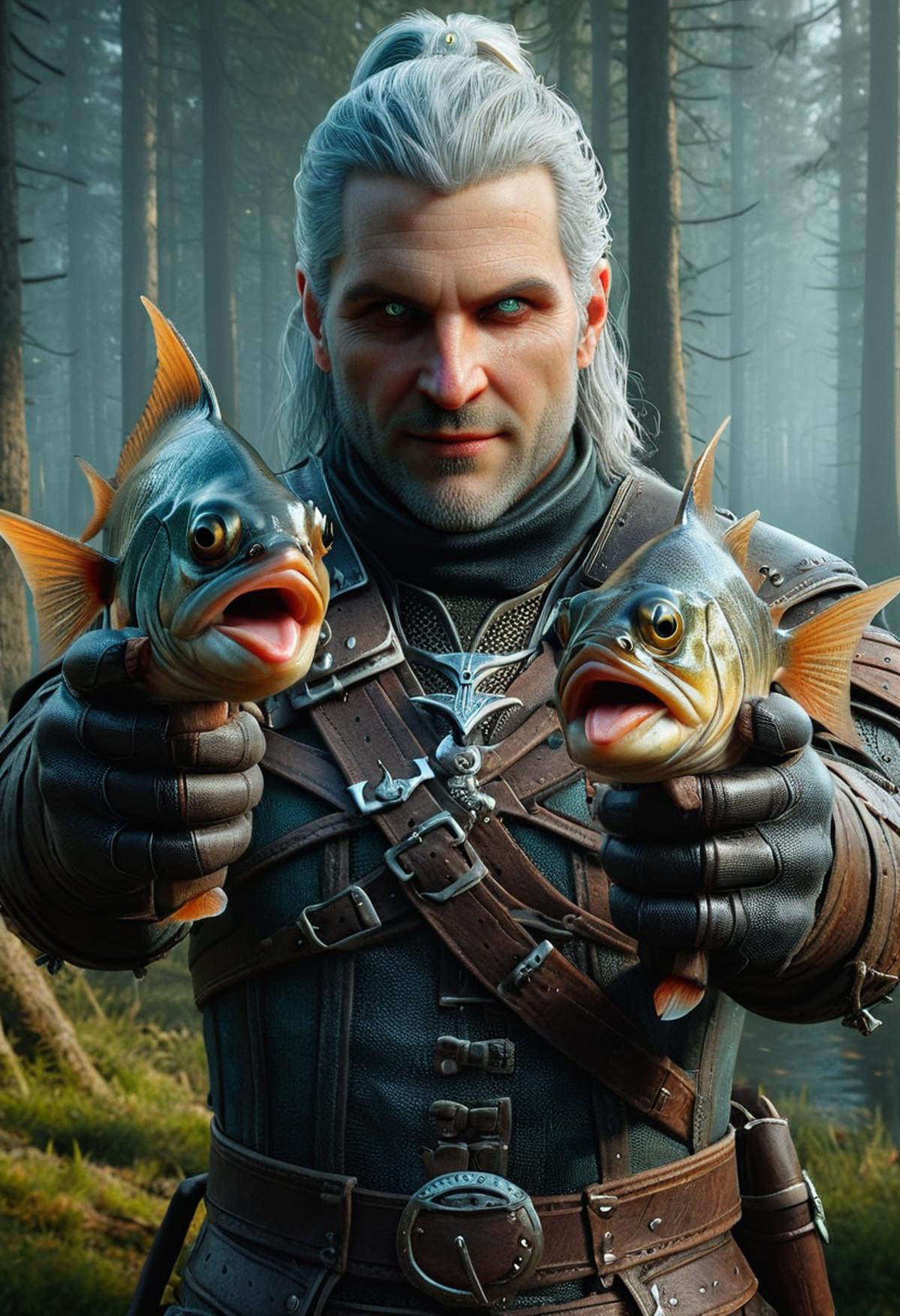 A man holding two fish with big teeth and wide open mouths, possibly a video game character.