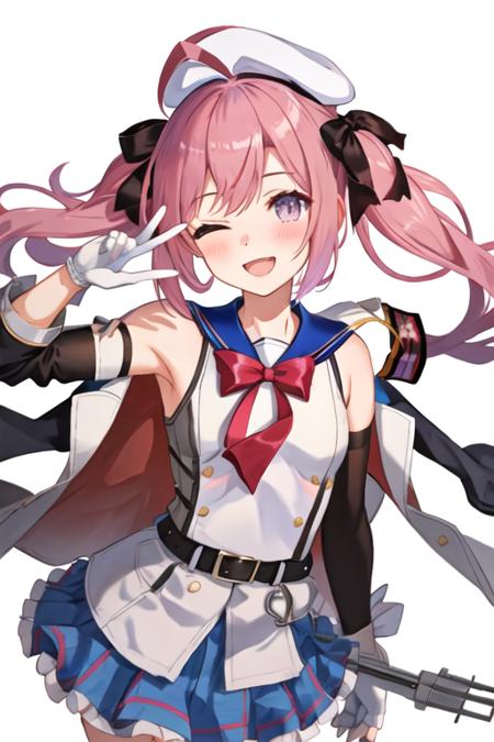 best quality, masterpiece, highres, solo, {saratoga_azurlane:1.15}, pink_hair, purple_eyes, ahoge, blush, smile, twintails, ribbon, bangs, bow, long_hair, hairband, open_mouth, hair_ribbon, breasts, hair_between_eyes, hair_bow, 1girl, hat, jacket, looking_at_viewer, skirt, belt, blue_skirt, fingerless_gloves, gloves, sailor_collar, sleeveless, white_gloves, seal_\(animal\), shirt, beret, holding, one_eye_closed, simple_background, white_headwear