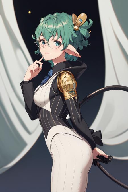 masterpiece, (detailed, highres, best quality), 1girl, <lora:spxc2Pandoria:1> pandoriadef, glasses, tail, formal, hair ornament, spacesuit, suit, white suit, blurry, blurry background, blurry foreground, cowboy shot, curtains, day, from side, light, white background, arched back, arm up, closed mouth, hand up, holding, holding hair, looking at viewer, looking to the side, mouth hold, pinky out, sideways glance, smile, solo, tying hair