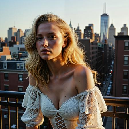 RAW analogue photo of a beautiful 25 years old woman, clear focus, high resolution image,  ,Beautiful woman golden blond hair, blue eyes, <lora:Njala_SDXL:0.65> ,"Sunset on the Fire Escape" Perched on a fire escape ledge in an off-the-shoulder lace teddy, a woman smokes as the New York skyline burns orange behind her; flared lens sunburst, soft focus around edges, wind gently teasing her hair and hem., Beauty, Realistic, Hot, Realistic_Beauty,   ,low light, soft natural light, Rembrandt style light, Hasselblad DLSR camera, 200mm Zeiss lens, f/2.8 ,Sexy pose, erotic pose, exhibitionism, ,A peaceful garden with a koi pond and stone lanterns