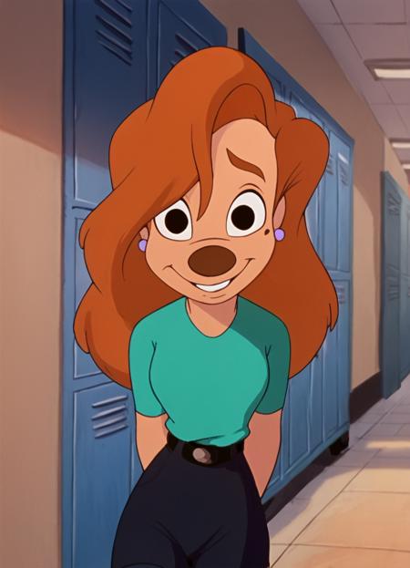 roxanne, 1girl, brown hair, long hair, solo, earrings, black eyes, green shirt, furry female, shorts, belt