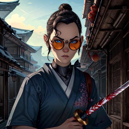 ((masterpiece:1.2, perfect, best work, very detailed illustration)), 1 girl, anime, solo, (MizuBES, long hair, mature female, hair bun, tied hair, sunglasses,  round eyewear, blue eyes:0.8, samurai, upper body),  (sword, sheath, holding sheath,  holding sword), blood, looking at viewer, japanese clothes,  beautiful,  (perfect face, pretty eyes, good hands, perfect hands, perfect body), intricate, very realistic, photorealistic, 8k, 8k uhd, highly detailed, <lyco:GoodHands:1.2>, <lora:more_details:0.6>, <lora:MizuBlueEyedSamurai-10:0.8>